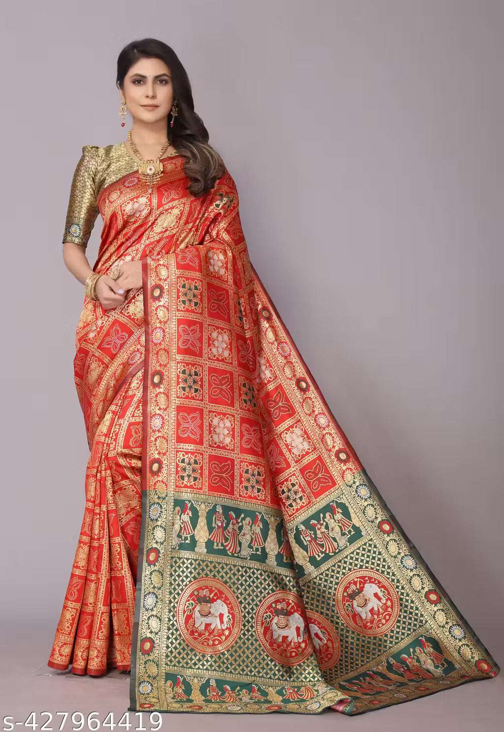 Women's Premium Cotton Silk Patola Inspired Zari Woven Saree with Brocade Blouse