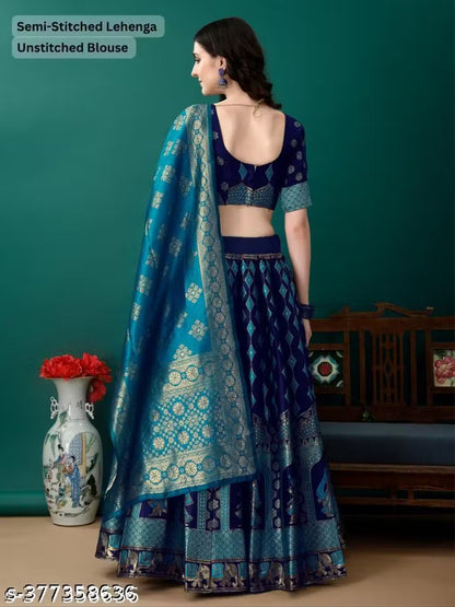 Navy Blue, Gold and Turquoise Banarasi Silk Work Lehenga Choli with Dupatta
