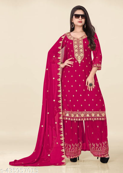 Zari & Sequin Embroidered Georgette Kurta Sharara Set with Dupatta