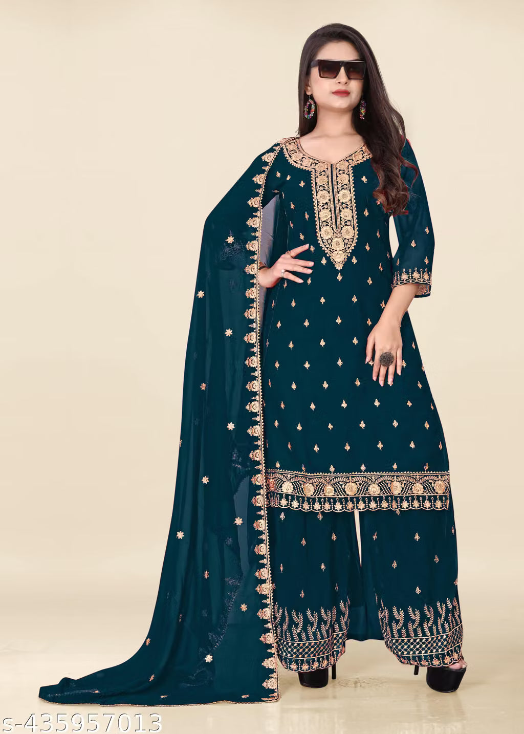 Zari & Sequin Embroidered Georgette Kurta Sharara Set with Dupatta