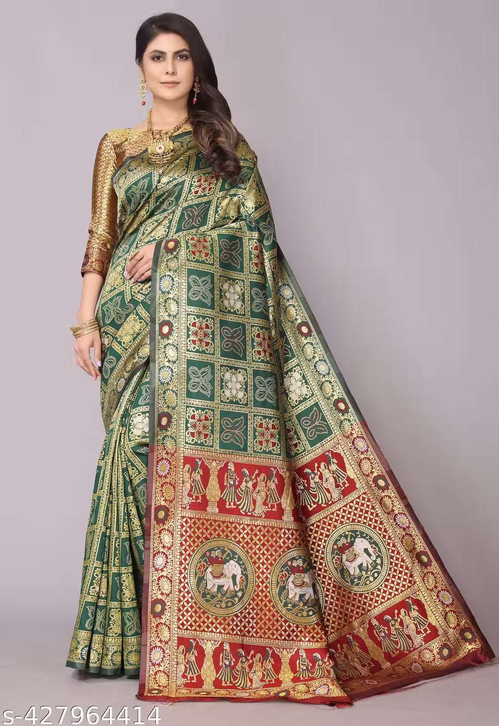 Women's Premium Cotton Silk Patola Inspired Zari Woven Saree with Brocade Blouse