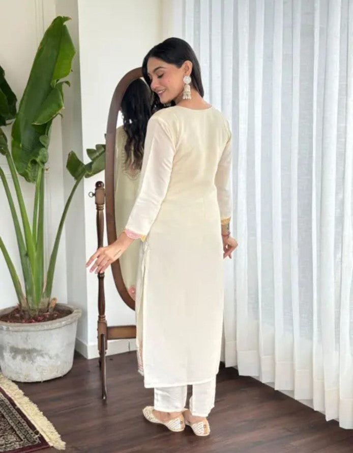 Cream embroidered cotton kurta set back view