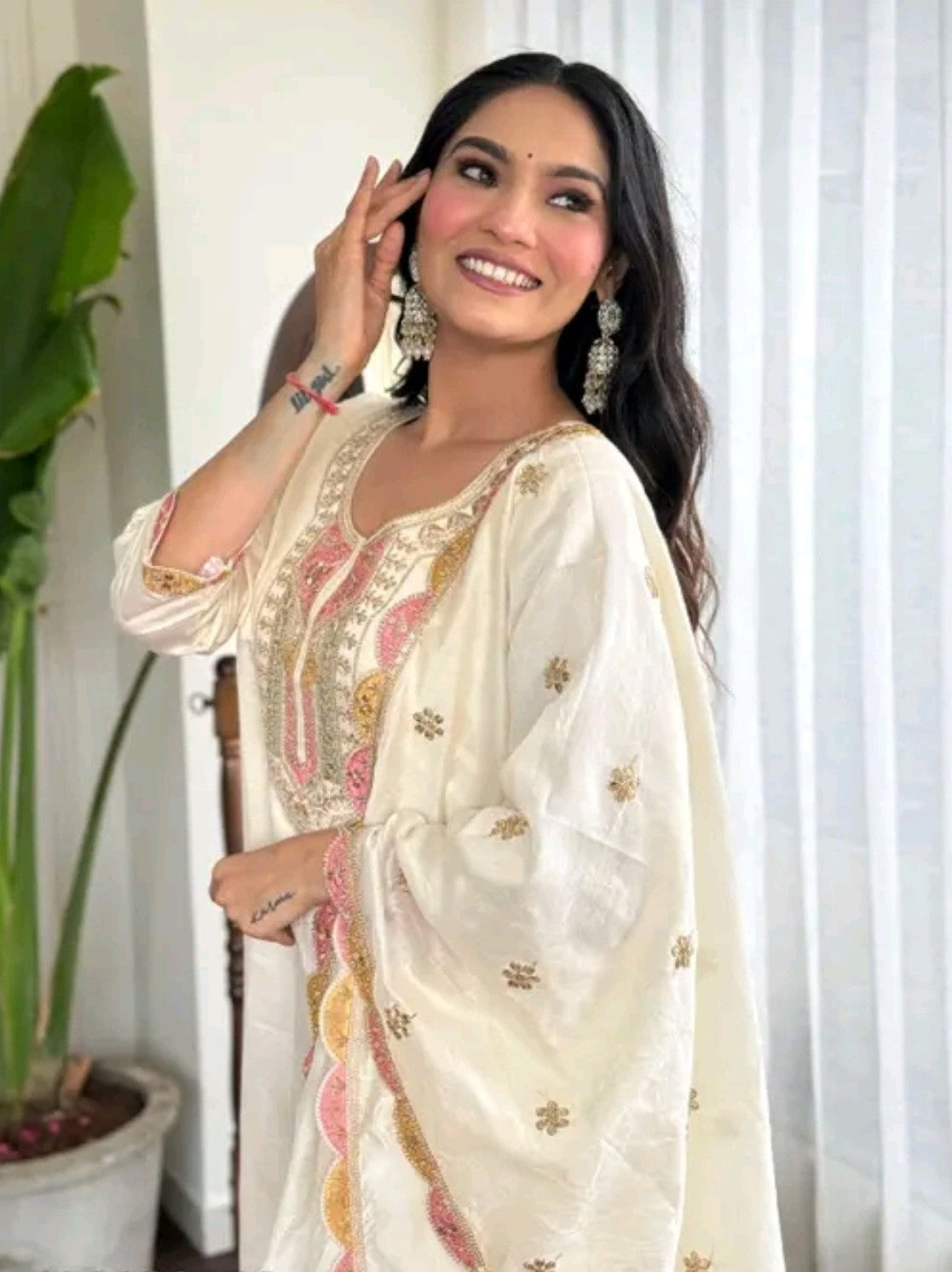 Cream embroidered cotton kurta set front view