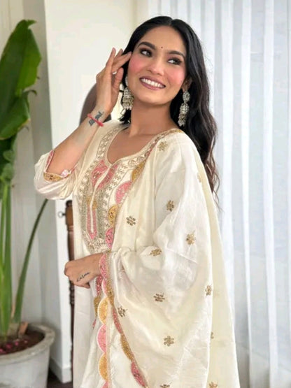 Cream embroidered cotton kurta set front view