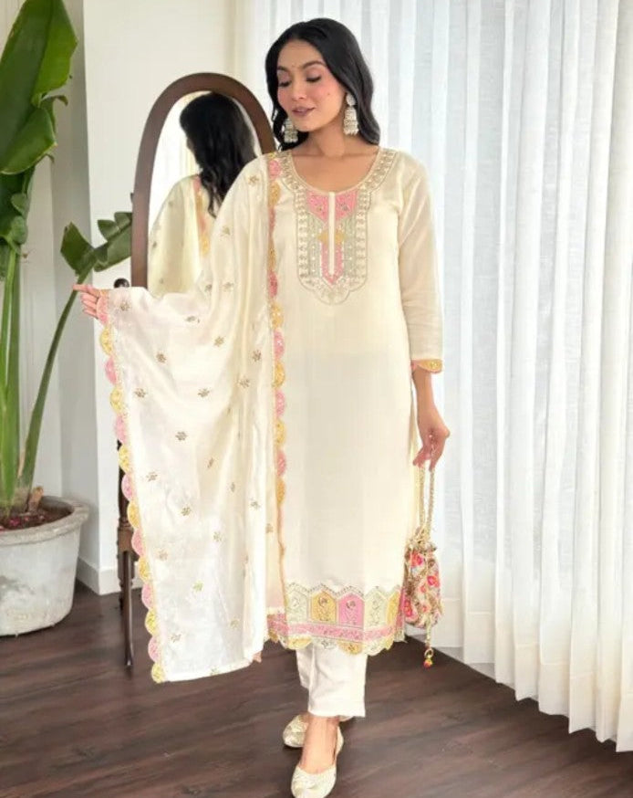 Cream embroidered cotton kurta set with dupatta