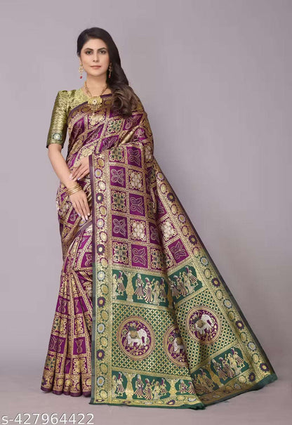 Women's Premium Cotton Silk Patola Inspired Zari Woven Saree with Brocade Blouse