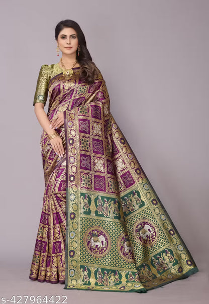Women's Premium Cotton Silk Patola Inspired Zari Woven Saree with Brocade Blouse