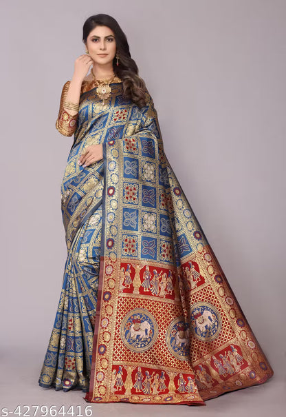 Women's Premium Cotton Silk Patola Inspired Zari Woven Saree with Brocade Blouse