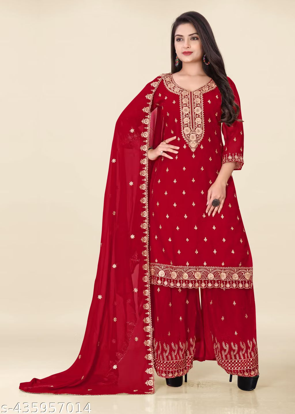 Zari & Sequin Embroidered Georgette Kurta Sharara Set with Dupatta