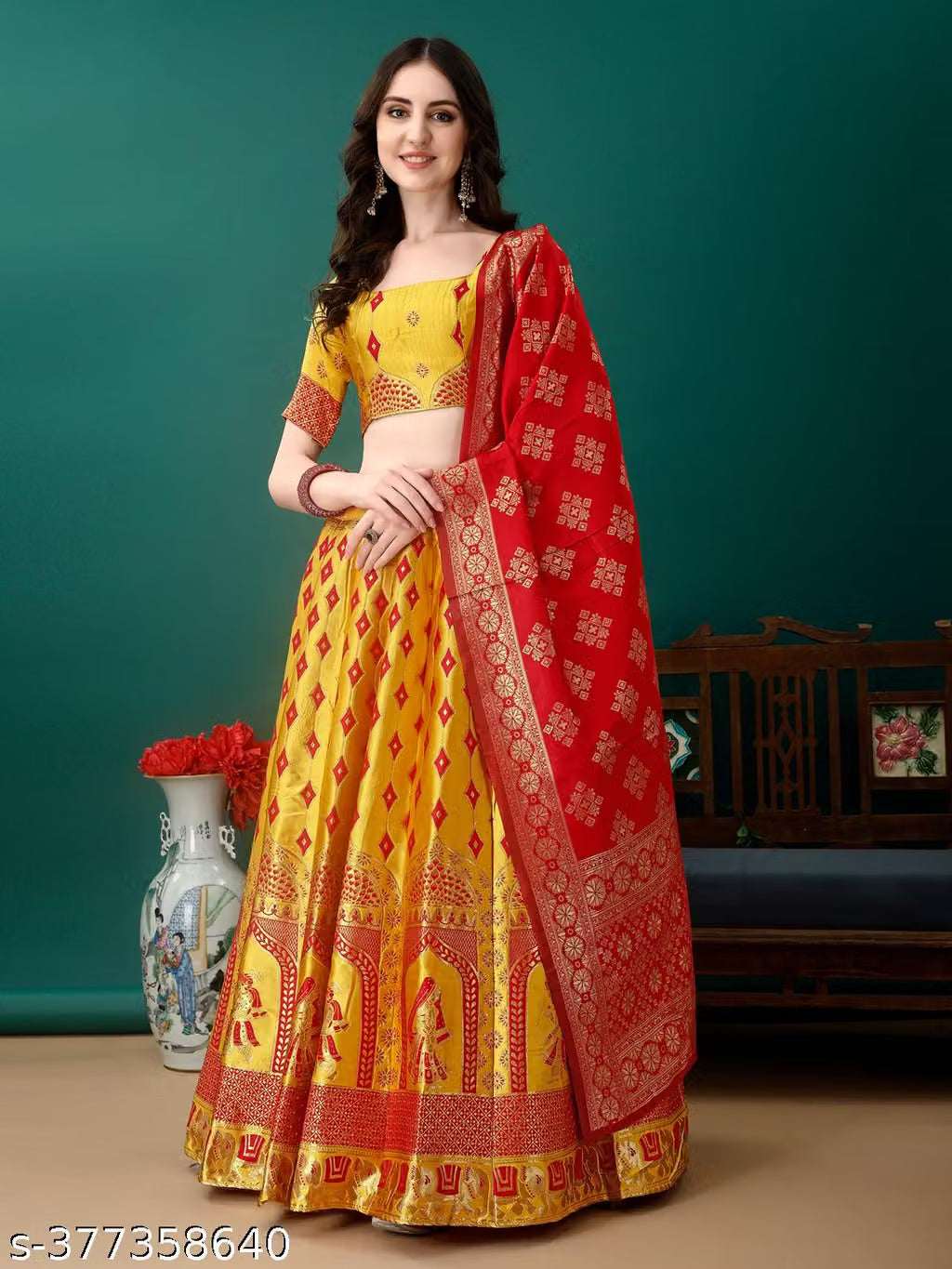 Navy Blue, Gold and Turquoise Banarasi Silk Work Lehenga Choli with Dupatta