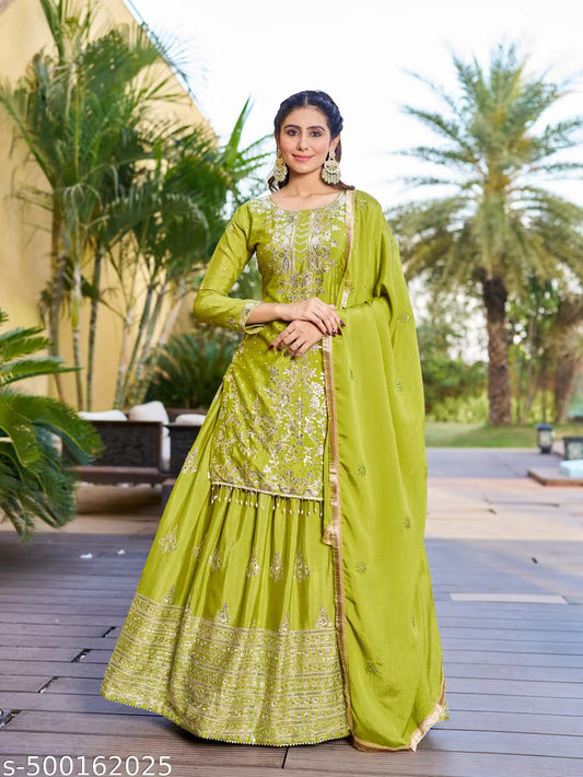 Rohita Pista Green Embroidered Silk Sharara Set with Dupatta