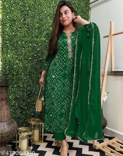 Green Ethnic Floral Printed Rayon Kurta with Sharara and Dupatta - front