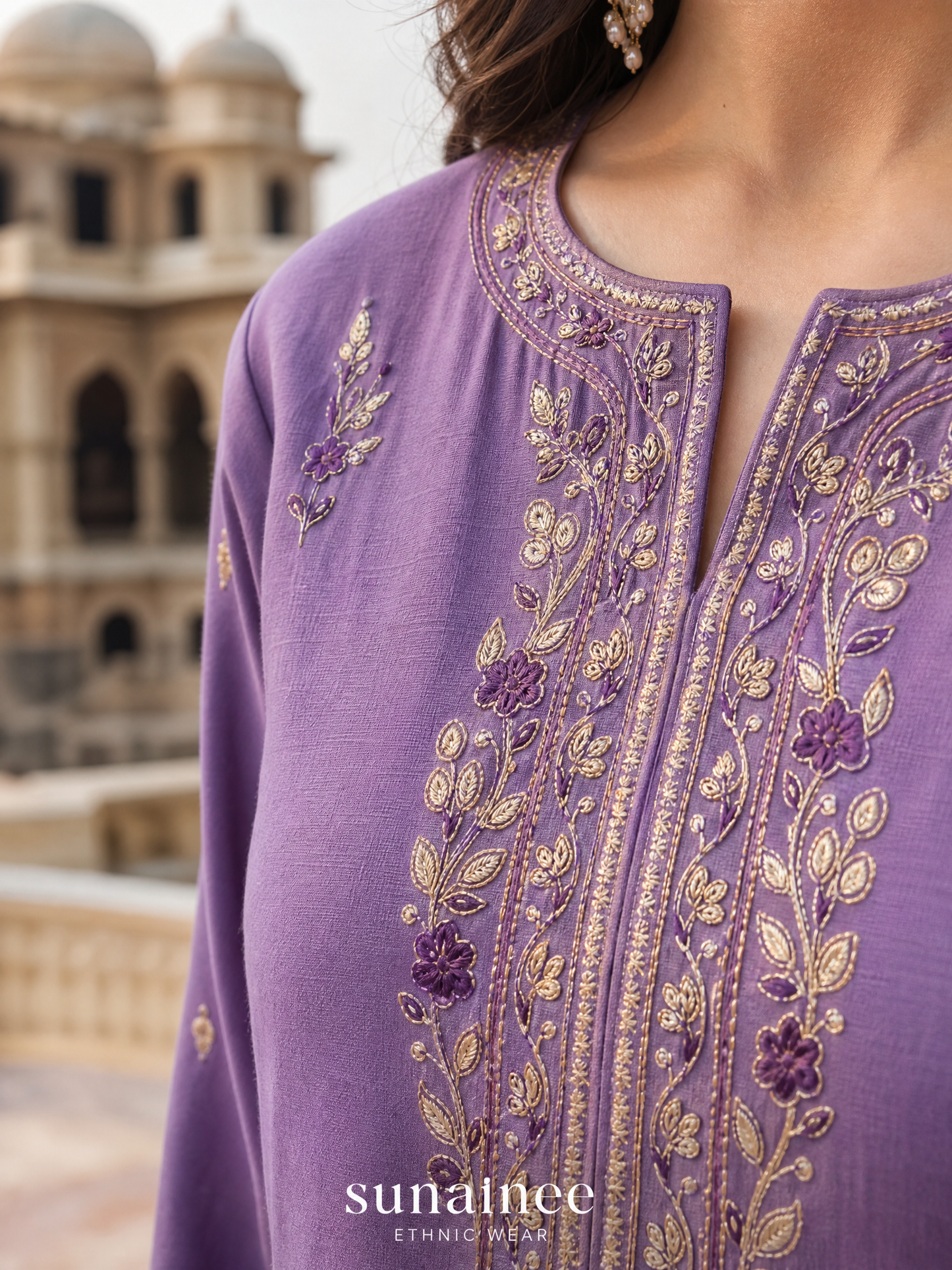 Women's Violet Embroidered Cotton Kurta Set with Trouser & Dupatta