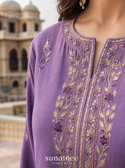 Women's Violet Embroidered Cotton Kurta Set with Trouser & Dupatta