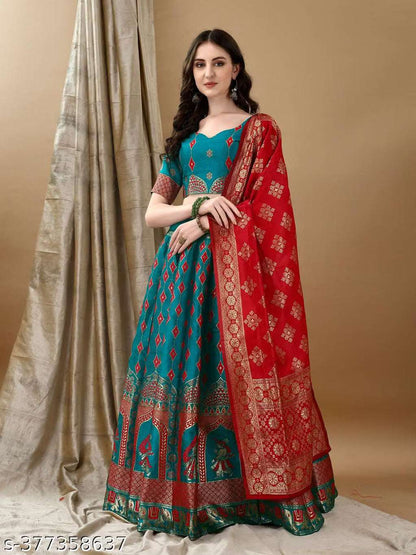 Navy Blue, Gold and Turquoise Banarasi Silk Work Lehenga Choli with Dupatta