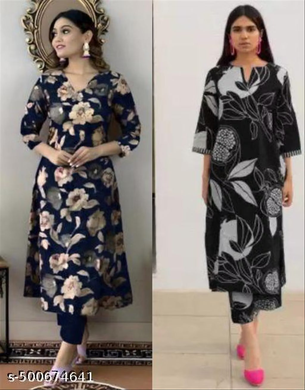 Women's Cotton Partywear Kurti with Pant Set (Pack of 2)