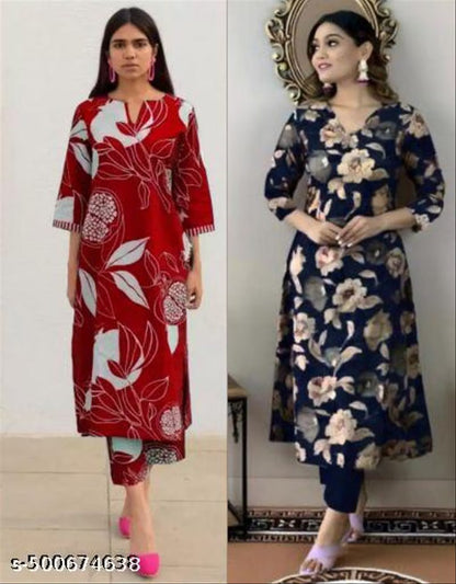 Women's Cotton Partywear Kurti with Pant Set (Pack of 2)