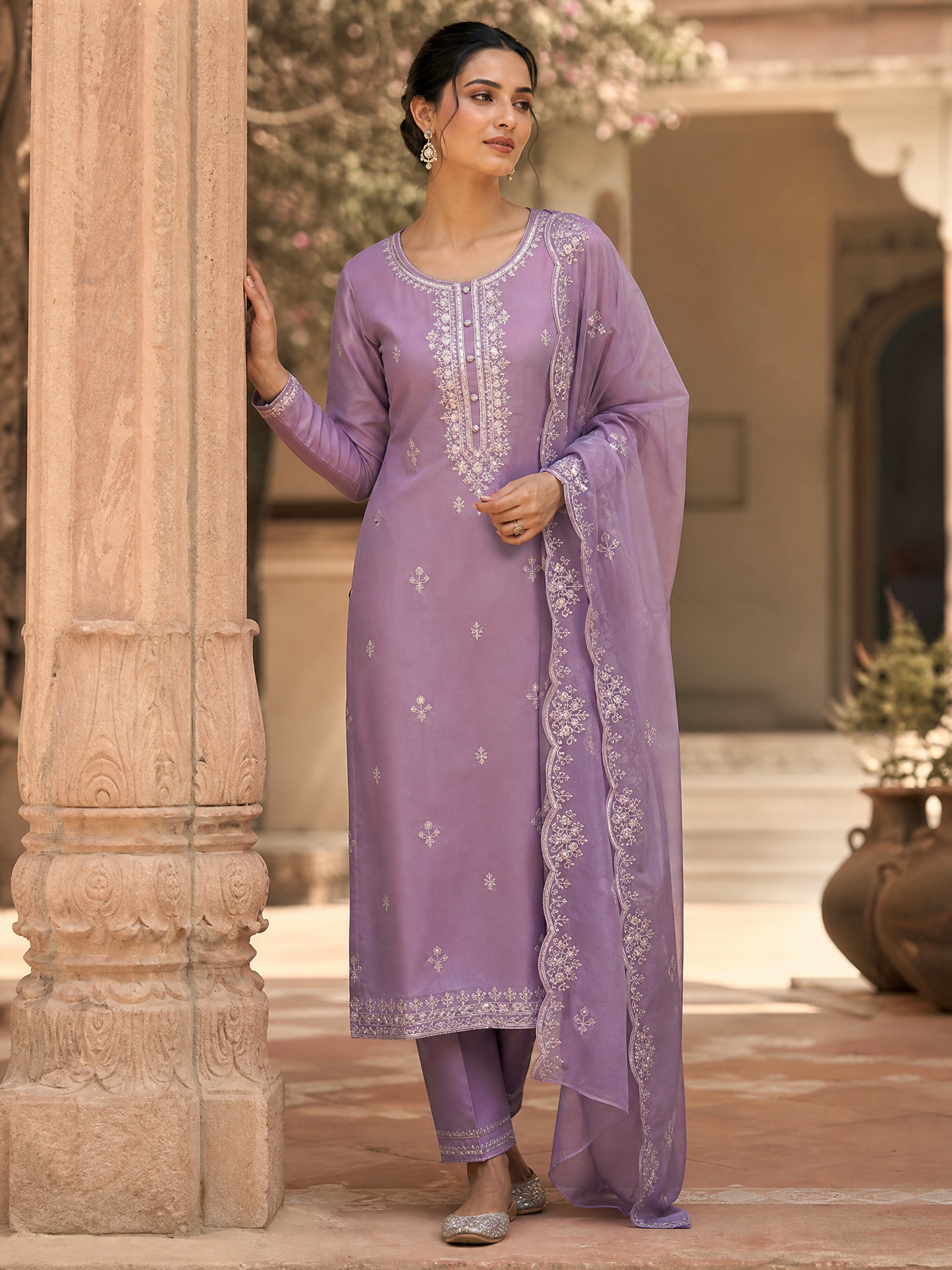 Women's Violet Embroidered Cotton Kurta Set with Trouser & Dupatta