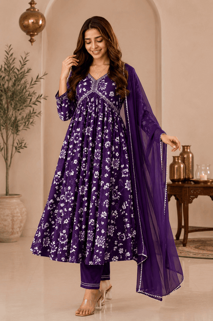 Women's Premium Purple Rayon Aliya Cut Embroidered Kurta Set with Pant & Dupatta | Elegant Festive & Party Wear