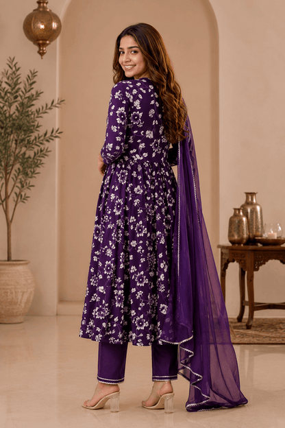 Women's Premium Purple Rayon Aliya Cut Embroidered Kurta Set with Pant & Dupatta | Elegant Festive & Party Wear