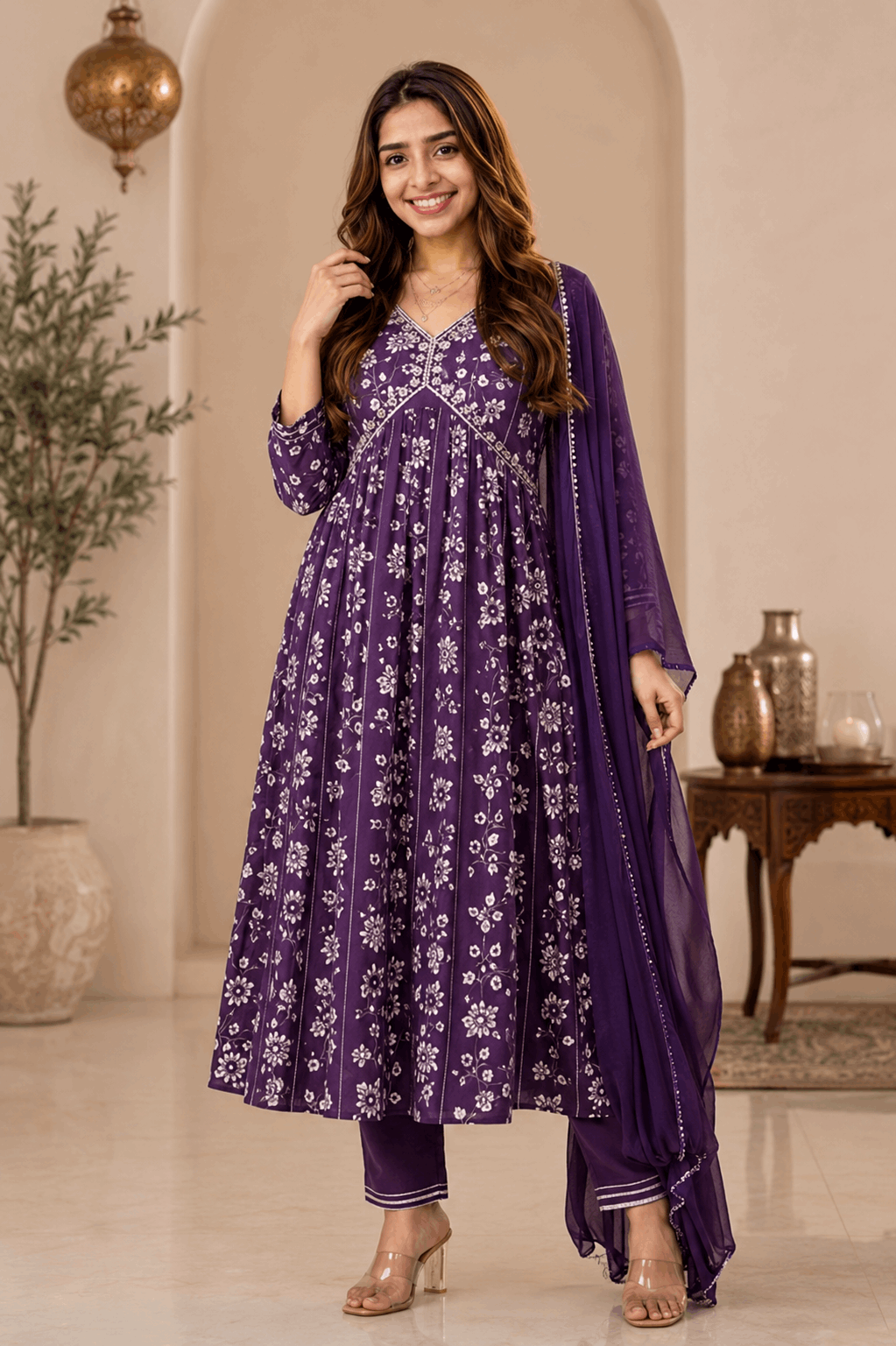 Women's Premium Purple Rayon Aliya Cut Embroidered Kurta Set with Pant & Dupatta | Elegant Festive & Party Wear