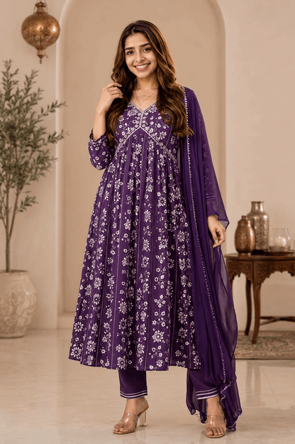 Women's Premium Purple Rayon Aliya Cut Embroidered Kurta Set with Pant & Dupatta | Elegant Festive & Party Wear