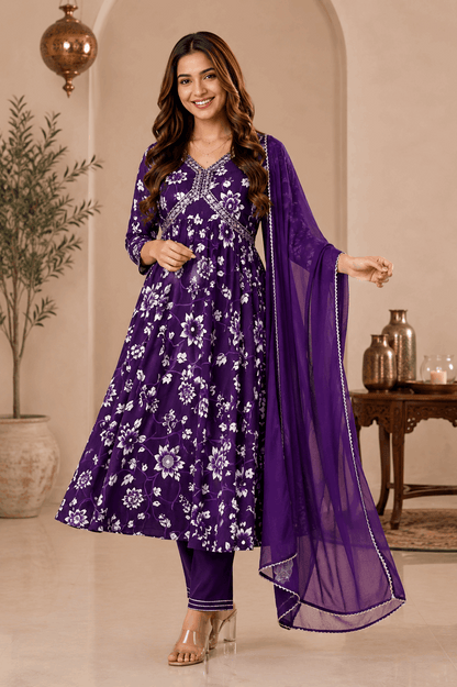Women's Premium Purple Rayon Aliya Cut Embroidered Kurta Set with Pant & Dupatta | Elegant Festive & Party Wear