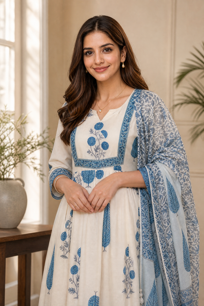 Cream Floral Cotton Anarkali Kurta Set with Pant & Dupatta