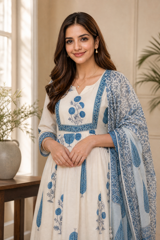 Cream Floral Cotton Anarkali Kurta Set with Pant & Dupatta