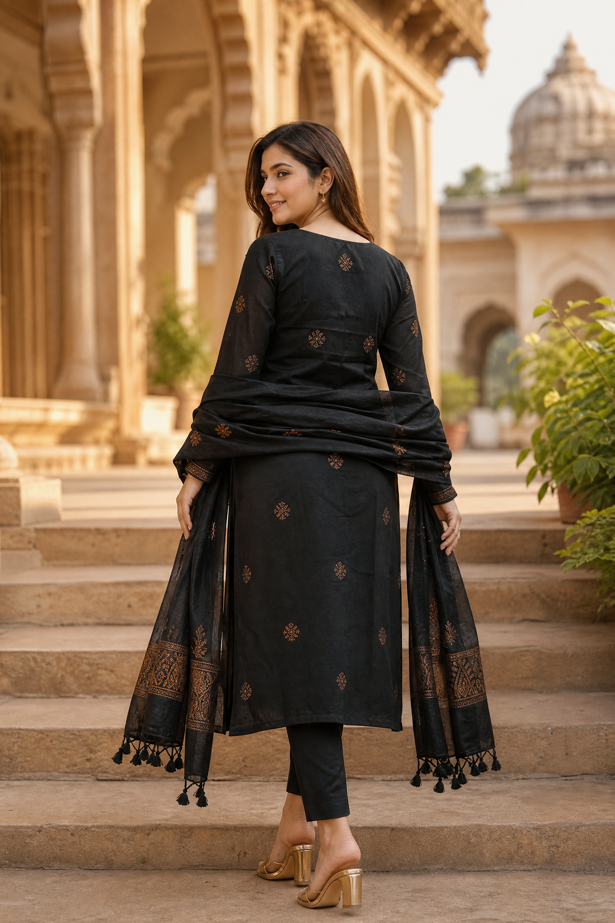 Purple & Black Floral 3-Piece Kurta Set | Cotton Silk Indian Suit with Pants & Dupatta | Sunainee