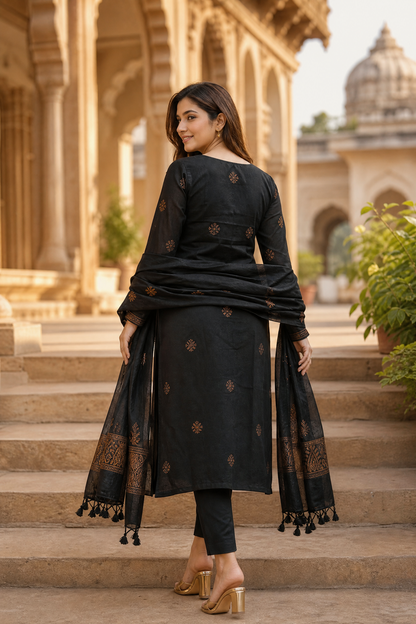 Purple & Black Floral 3-Piece Kurta Set | Cotton Silk Indian Suit with Pants & Dupatta | Sunainee