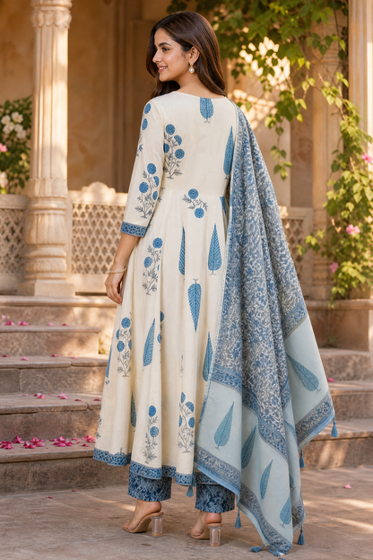 Cream Floral Cotton Anarkali Kurta Set with Pant & Dupatta