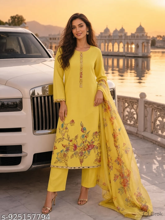 Floral Embroidered Kurta Set with Organza Dupatta