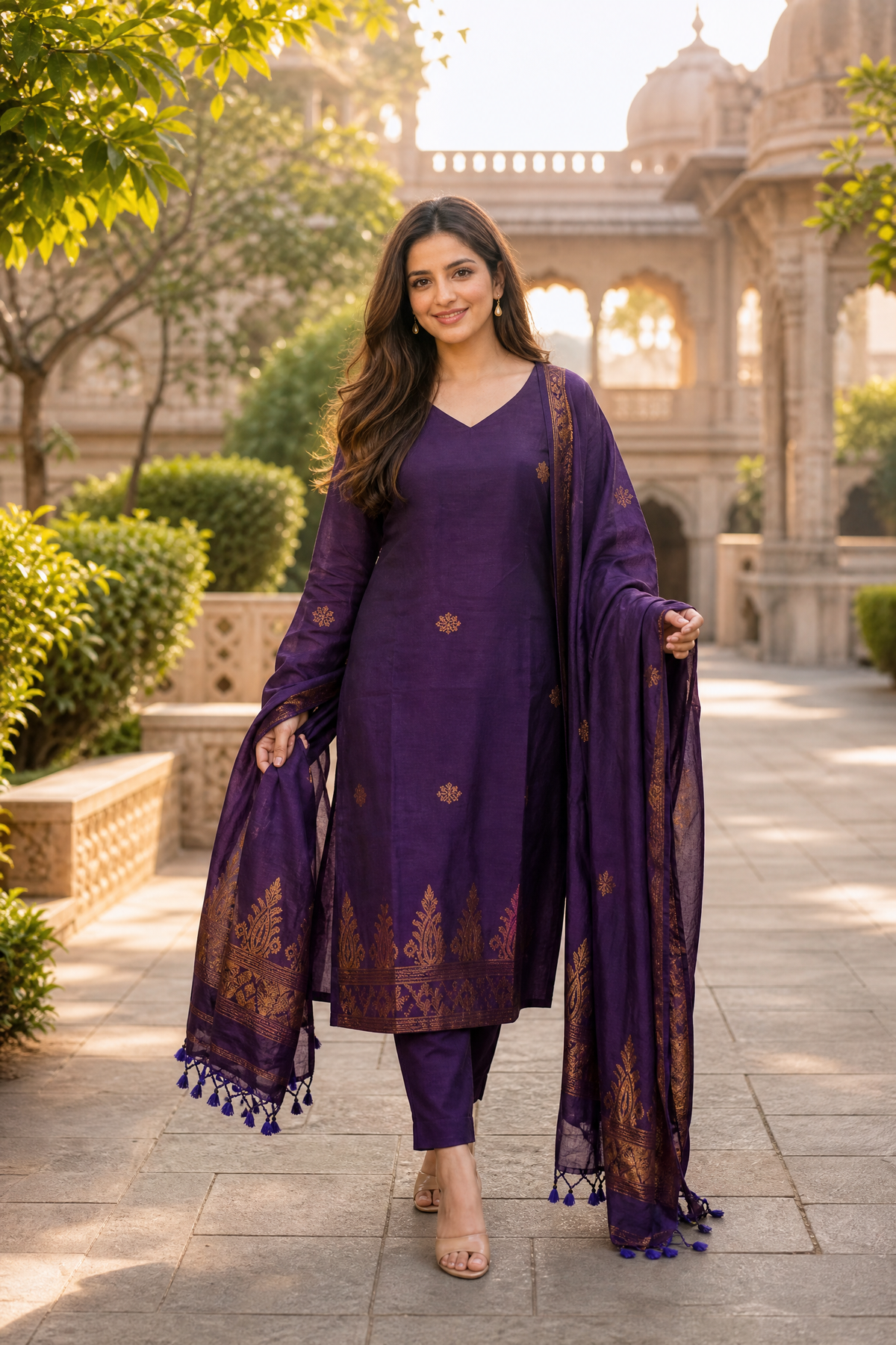 Purple & Black Floral 3-Piece Kurta Set | Cotton Silk Indian Suit with Pants & Dupatta | Sunainee