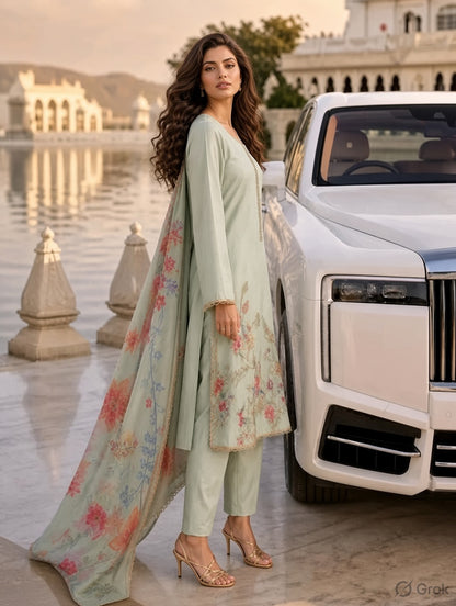 Floral Embroidered Kurta Set with Organza Dupatta