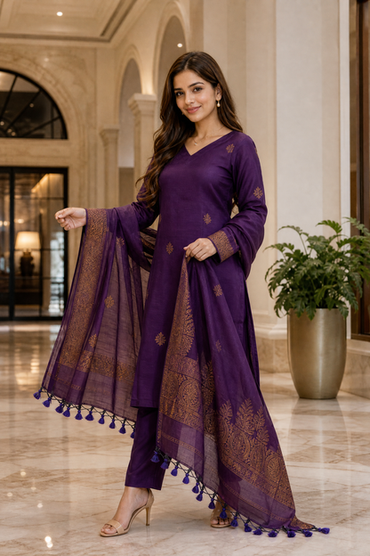 Purple & Black Floral 3-Piece Kurta Set | Cotton Silk Indian Suit with Pants & Dupatta | Sunainee