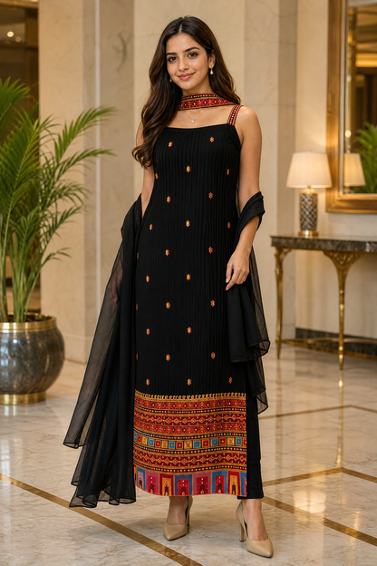 Women’s Black Georgette Embroidered Top Pant Dupatta Set