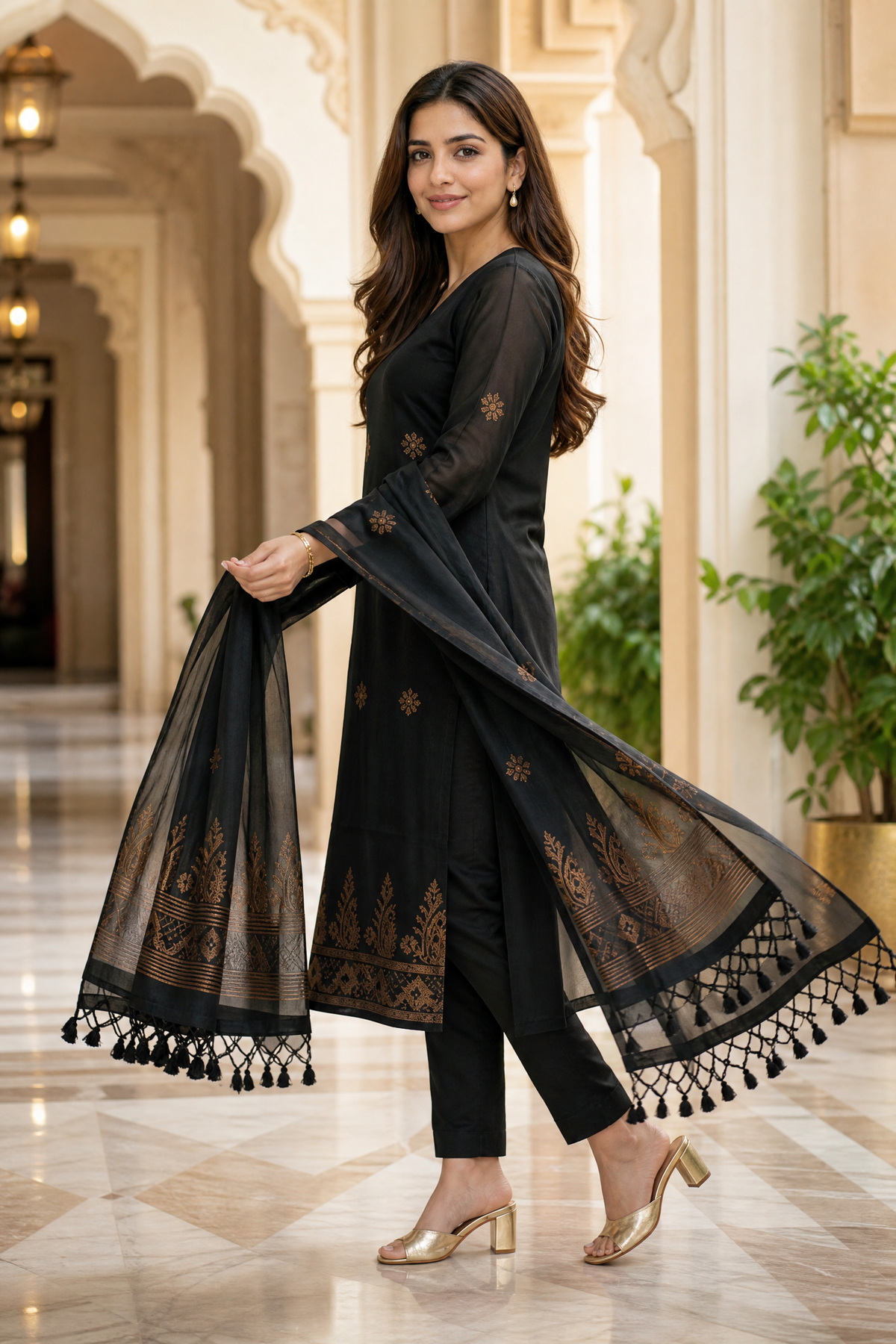 Purple & Black Floral 3-Piece Kurta Set | Cotton Silk Indian Suit with Pants & Dupatta | Sunainee