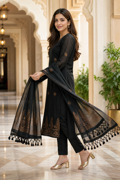 Purple & Black Floral 3-Piece Kurta Set | Cotton Silk Indian Suit with Pants & Dupatta | Sunainee