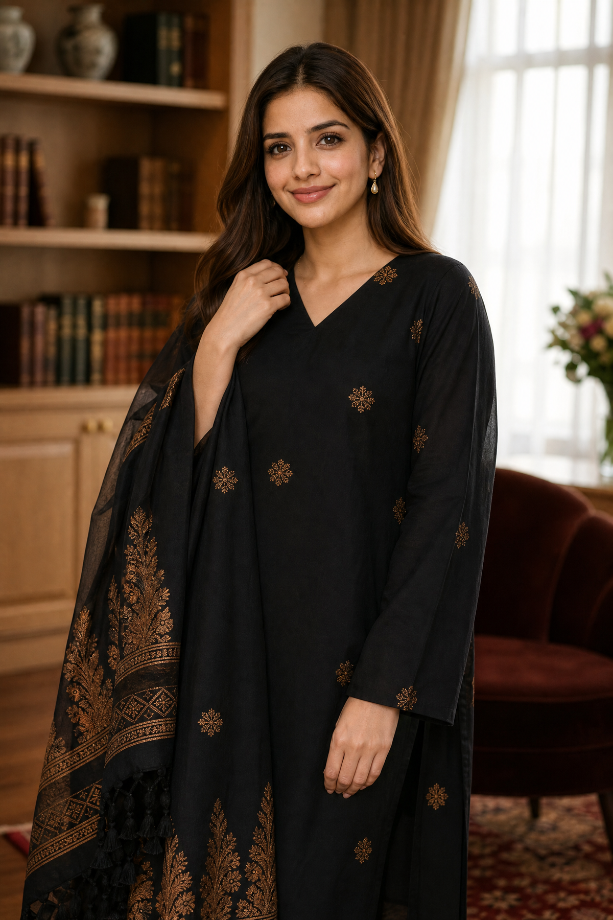 Purple & Black Floral 3-Piece Kurta Set | Cotton Silk Indian Suit with Pants & Dupatta | Sunainee