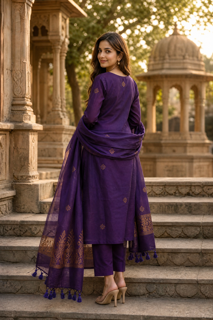 Purple & Black Floral 3-Piece Kurta Set | Cotton Silk Indian Suit with Pants & Dupatta | Sunainee
