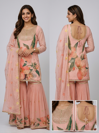 Sunainee Pink Floral Sequin Embroidered Organza Kurta Sharara Set with Printed Dupatta | Wedding & Festive Wear