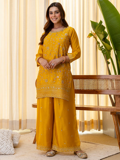 Embroidered Sequins Silk Blend Kurta Palazzo Dupatta Set