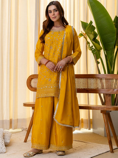 Embroidered Sequins Silk Blend Kurta Palazzo Dupatta Set
