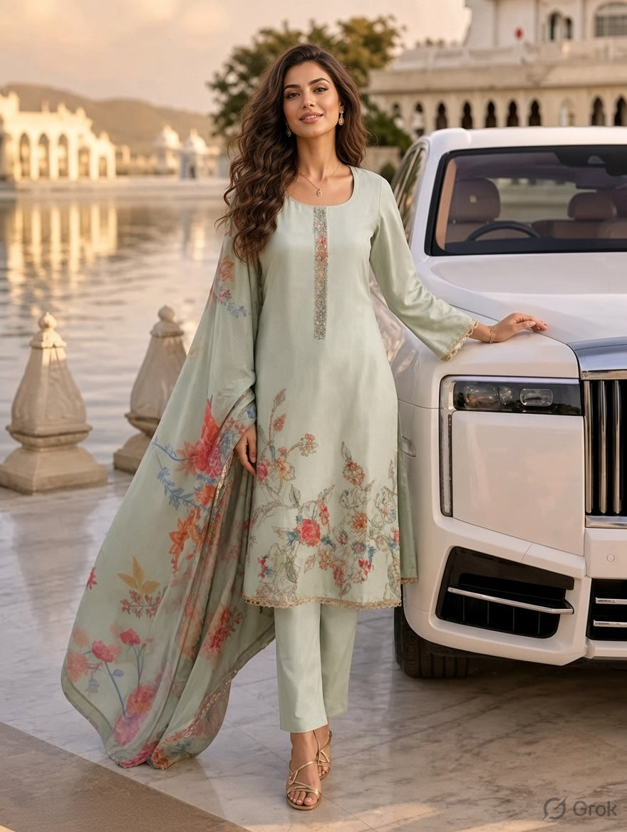 Floral Embroidered Kurta Set with Organza Dupatta