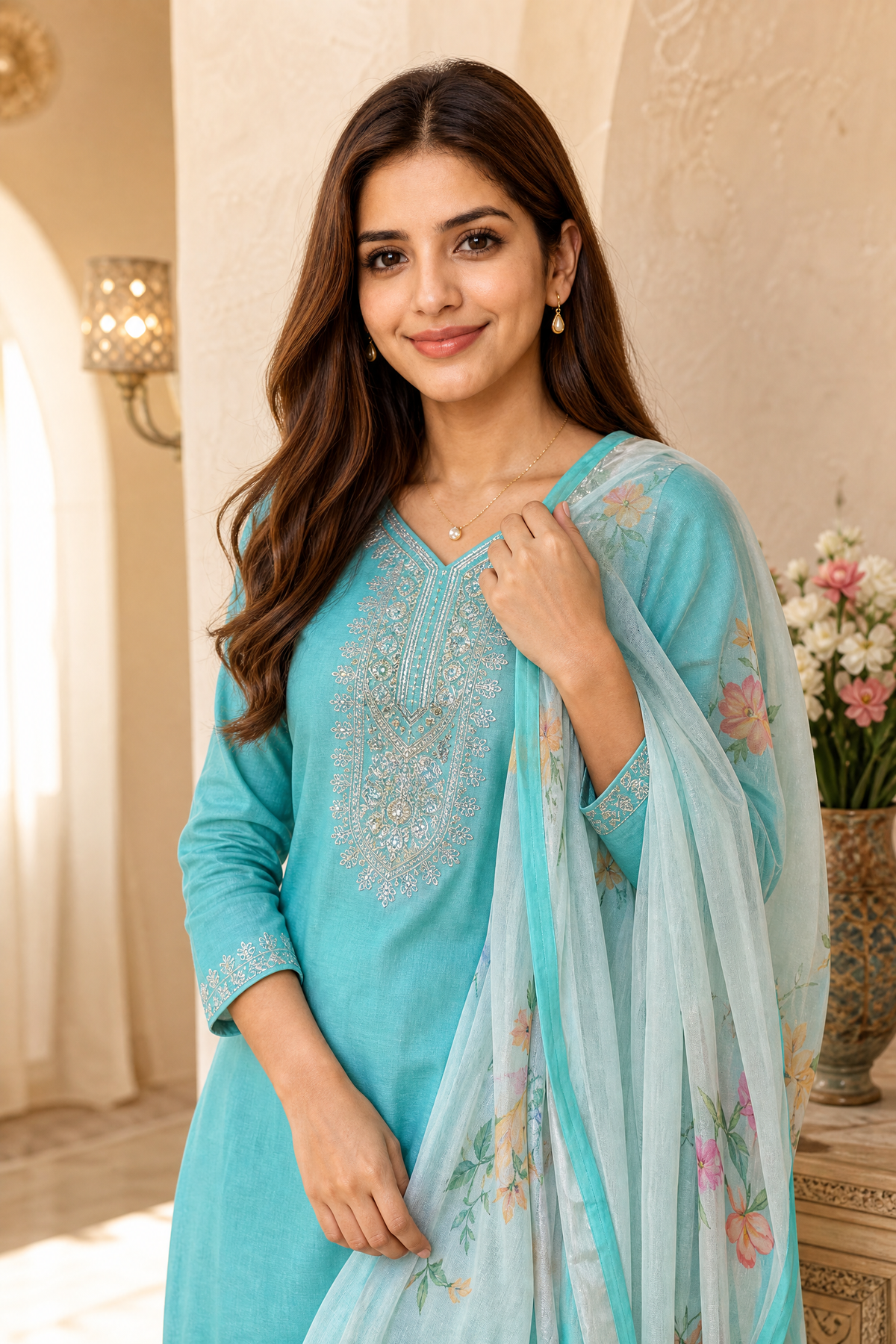 Sunainee™ Emerald Green Hand-Embellished Rayon Slub Kurta Set with Dupatta