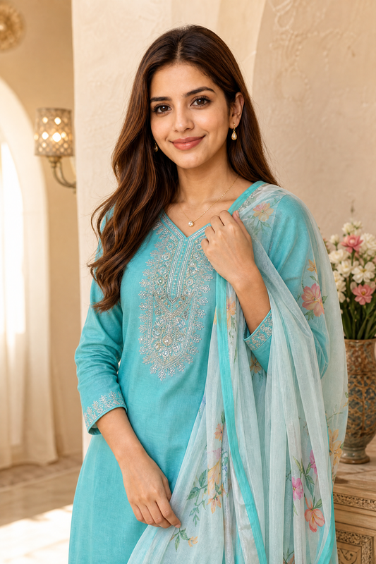 Sunainee™ Emerald Green Hand-Embellished Rayon Slub Kurta Set with Dupatta