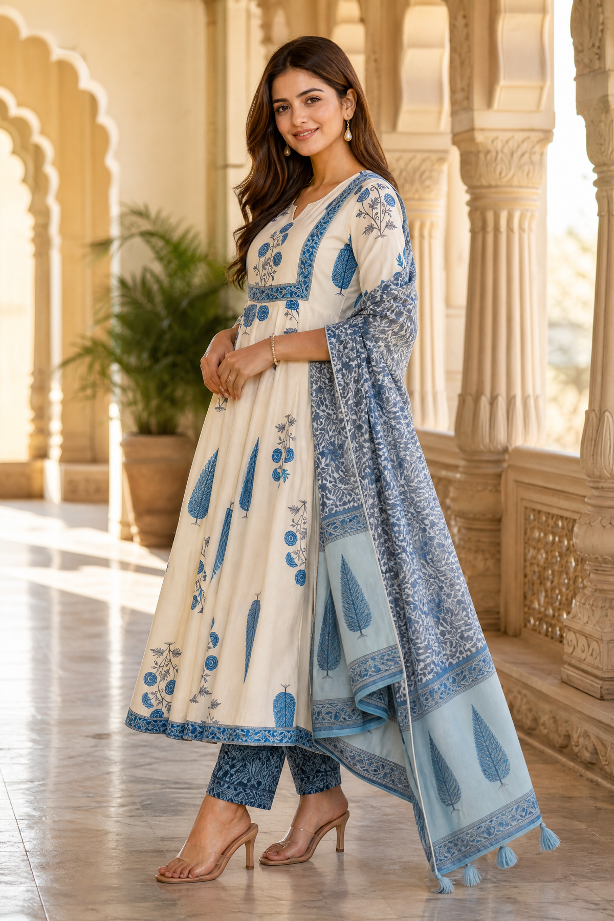 Cream Floral Cotton Anarkali Kurta Set with Pant & Dupatta