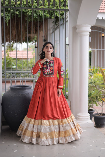 Navratri Special Anarkali Gown – Kutchi Gamthi Thread Work (14 KG Rayon)