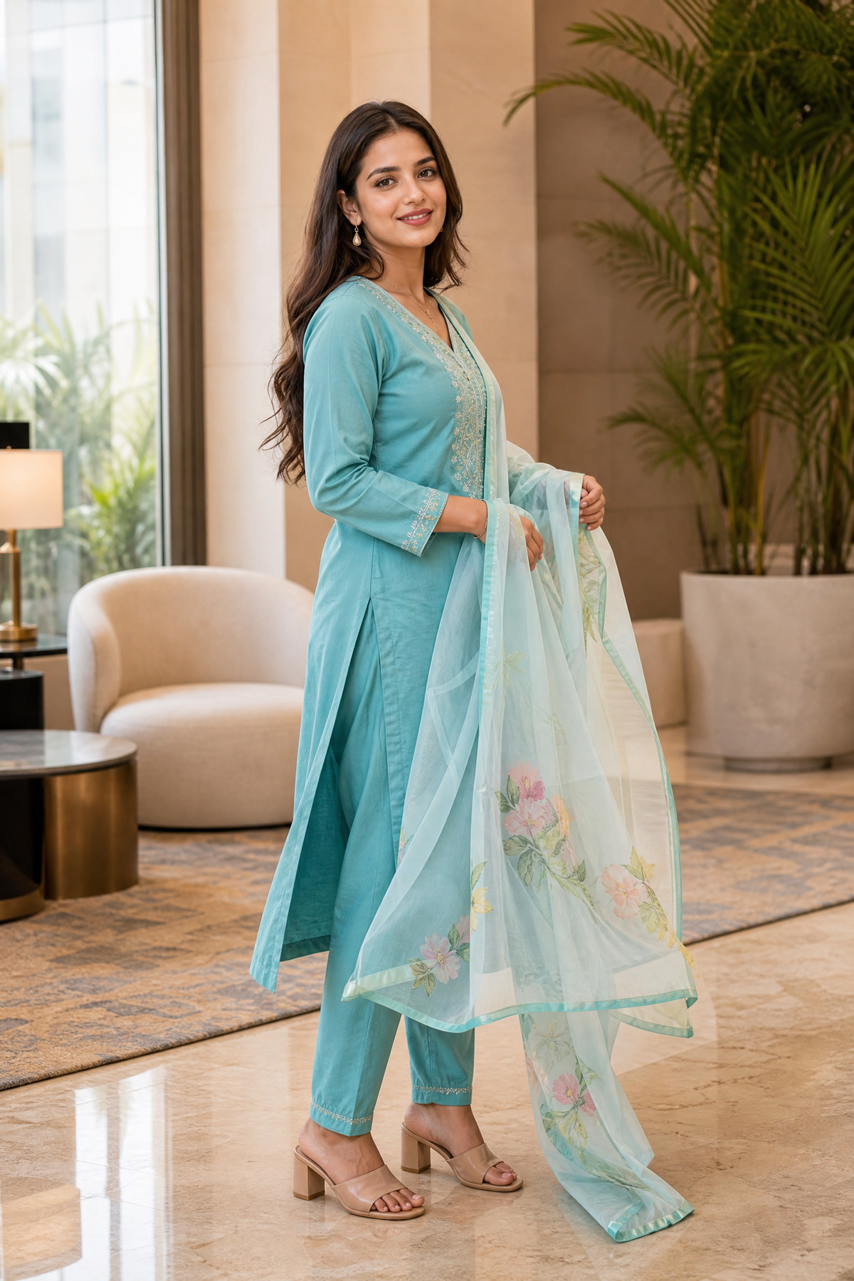Sunainee™ Emerald Green Hand-Embellished Rayon Slub Kurta Set with Dupatta